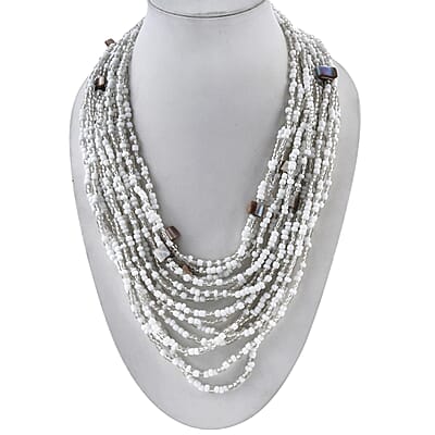 White Seed Beaded and Shell Wooden Buckle Stretch Bracelet 8 Inches and Multi Strand Necklace 19 Inches