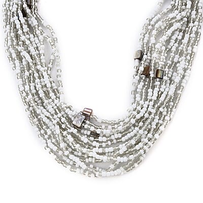 White Seed Beaded and Shell Wooden Buckle Stretch Bracelet 8 Inches and Multi Strand Necklace 19 Inches