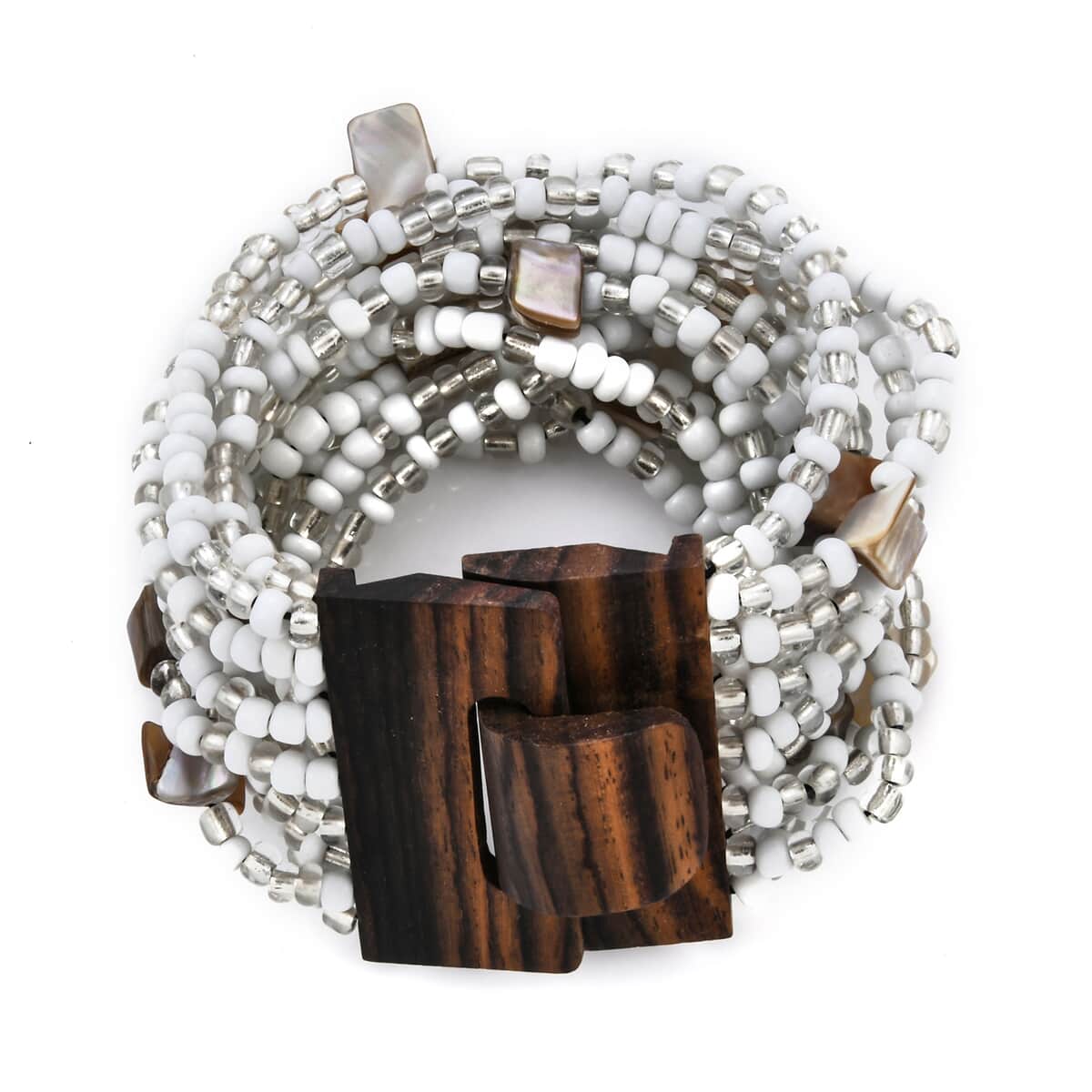 White Seed Beaded and Shell Wooden Buckle Stretch Bracelet 8 Inches and Multi Strand Necklace 19 Inches image number 4