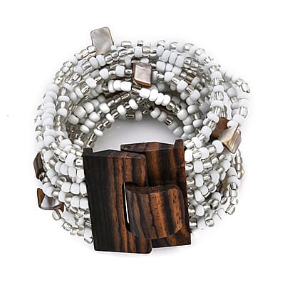 White Seed Beaded and Shell Wooden Buckle Stretch Bracelet 8 Inches and Multi Strand Necklace 19 Inches