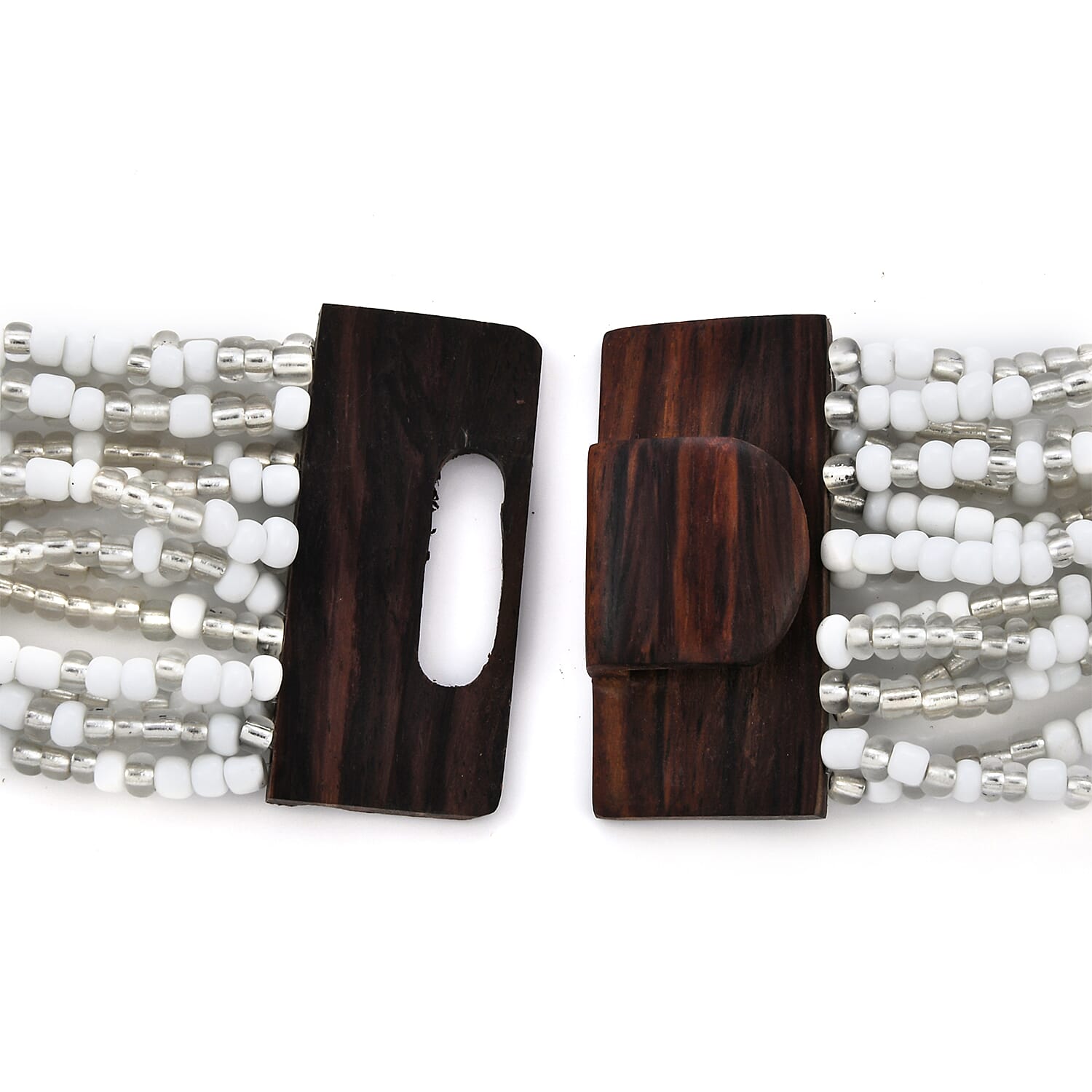 White Seed Beaded and Shell Wooden Buckle Stretch Bracelet 8 Inches and Multi Strand Necklace 19 Inches