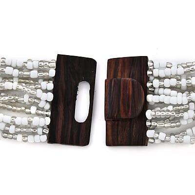 White Seed Beaded and Shell Wooden Buckle Stretch Bracelet 8 Inches and Multi Strand Necklace 19 Inches