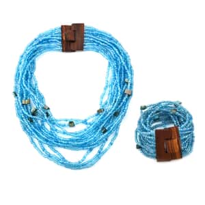 Blue Seed Beaded Multi Strand Necklace With Shell Wooden Buckle Bracelet  For Women in Stainless Steel, Handmade Jewelry Set For Women (18 Inches)