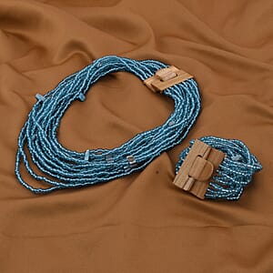 Blue Seed Beaded Multi Strand Necklace With Shell Wooden Buckle Bracelet  For Women in Stainless Steel, Handmade Jewelry Set For Women (18 Inches)