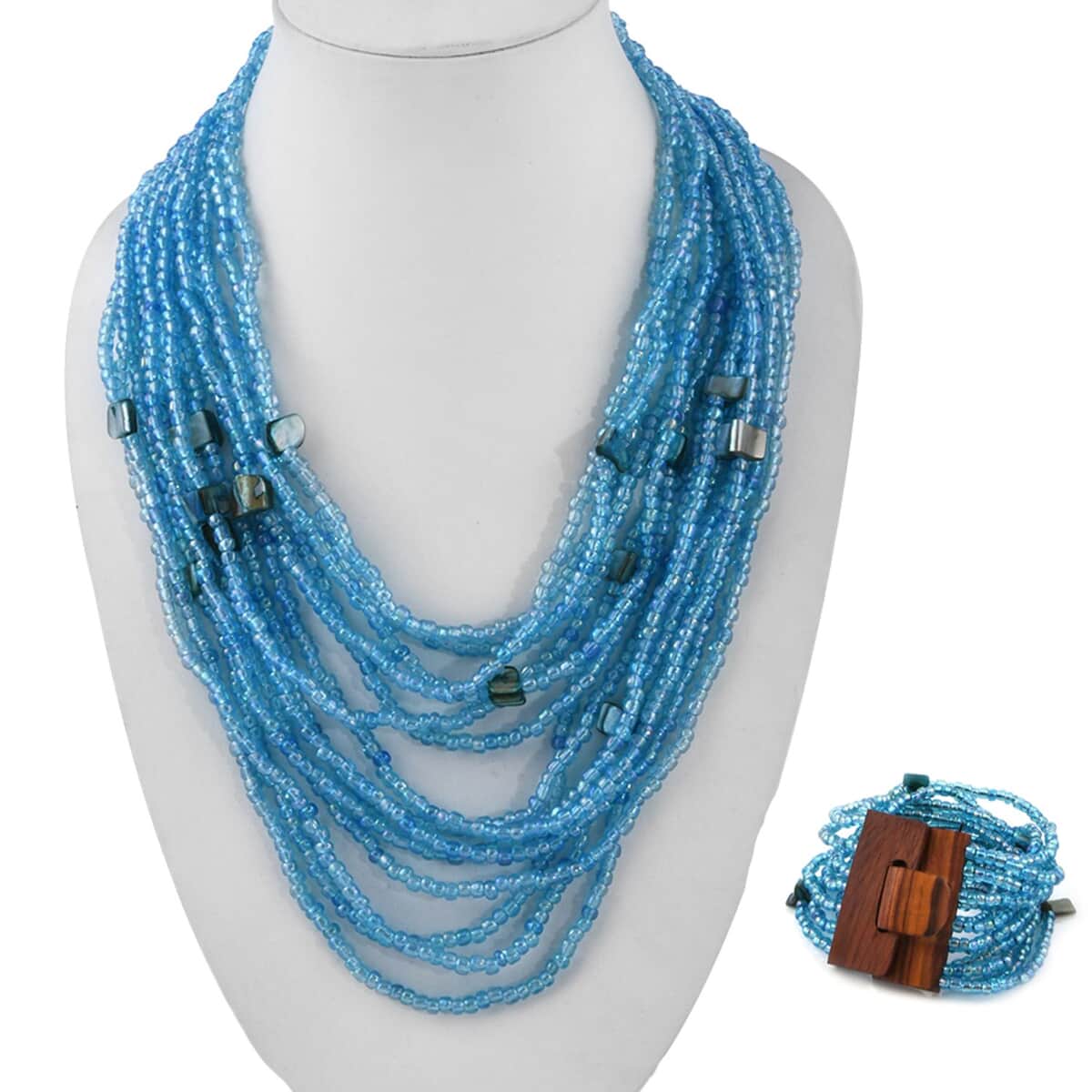 Blue Seed Beaded Multi Strand Necklace With Shell Wooden Buckle Bracelet  For Women in Stainless Steel, Handmade Jewelry Set For Women (18 Inches) image number 2