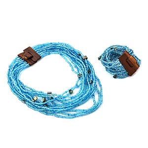 Blue Seed Beaded Multi Strand Necklace With Shell Wooden Buckle Bracelet  For Women in Stainless Steel, Handmade Jewelry Set For Women (18 Inches)