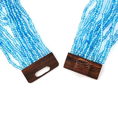 Blue Seed Beaded Multi Strand Necklace With Shell Wooden Buckle Bracelet  For Women in Stainless Steel, Handmade Jewelry Set For Women (18 Inches)
