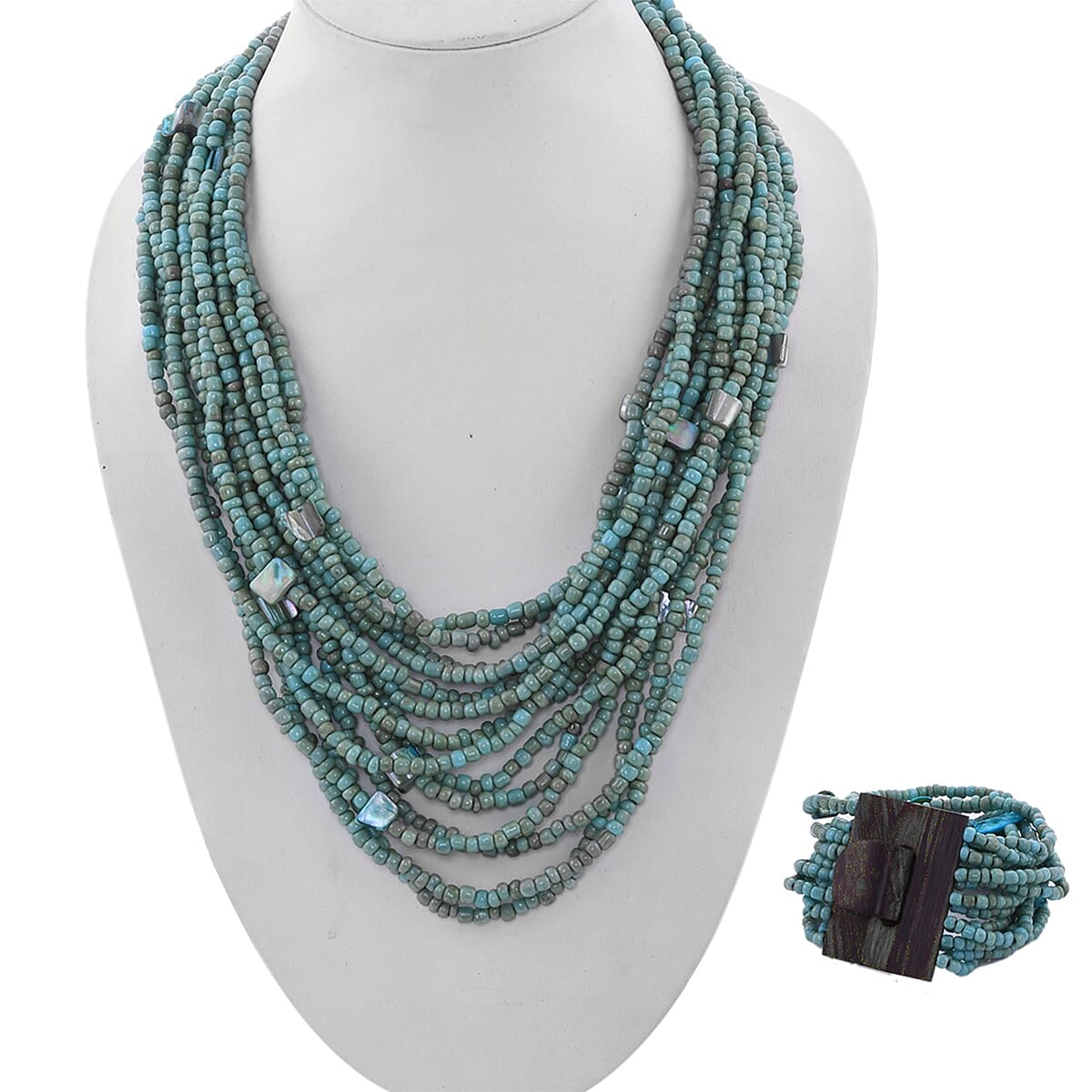 Green Seed Beaded and Shell Multi-Strand Necklace 19 Inches and Stretch Bracelet 8 Inches with Wooden Buckle image number 2