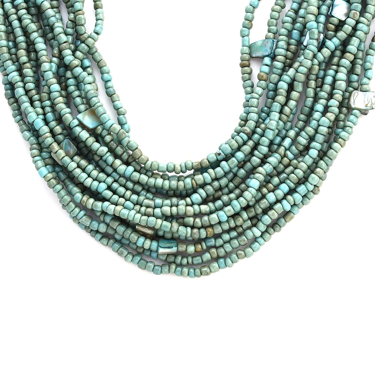 Green Seed Beaded and Shell Multi-Strand Necklace 19 Inches and Stretch Bracelet 8 Inches with Wooden Buckle image number 3