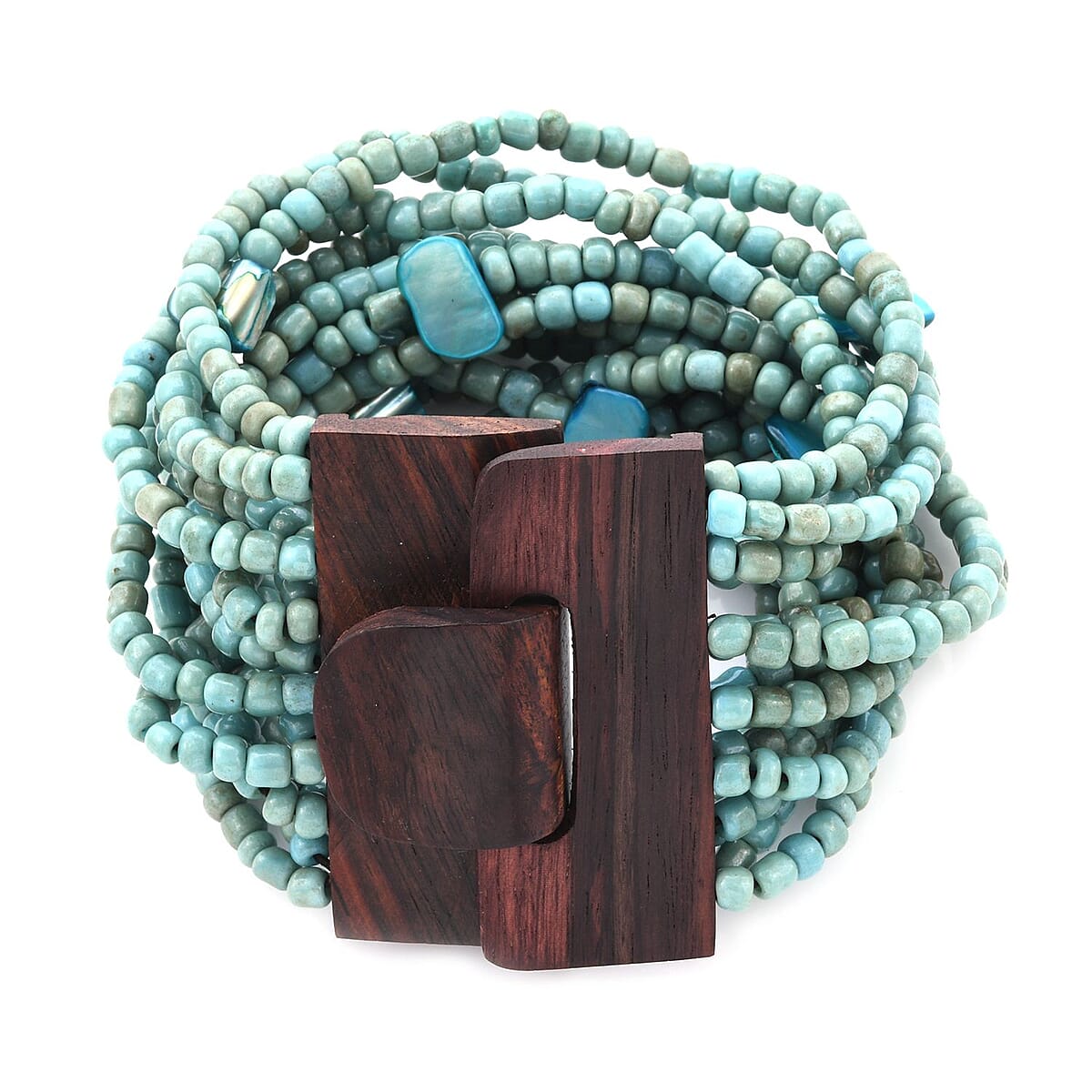 Green Seed Beaded and Shell Multi-Strand Necklace 19 Inches and Stretch Bracelet 8 Inches with Wooden Buckle image number 4