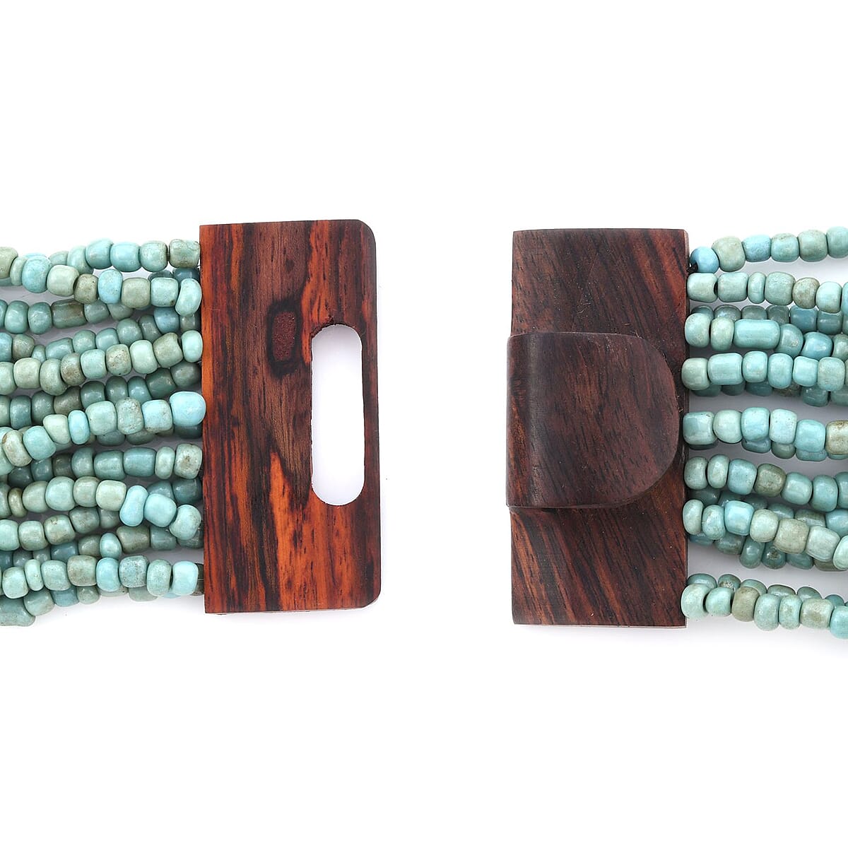 Green Seed Beaded and Shell Multi-Strand Necklace 19 Inches and Stretch Bracelet 8 Inches with Wooden Buckle image number 5