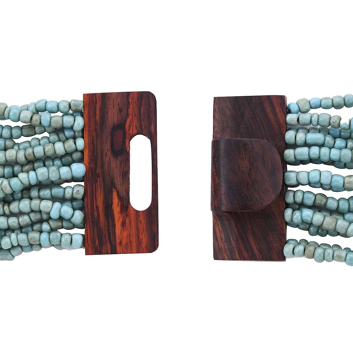 Green Seed Beaded and Shell Multi-Strand Necklace 19 Inches and Stretch Bracelet 8 Inches with Wooden Buckle image number 6