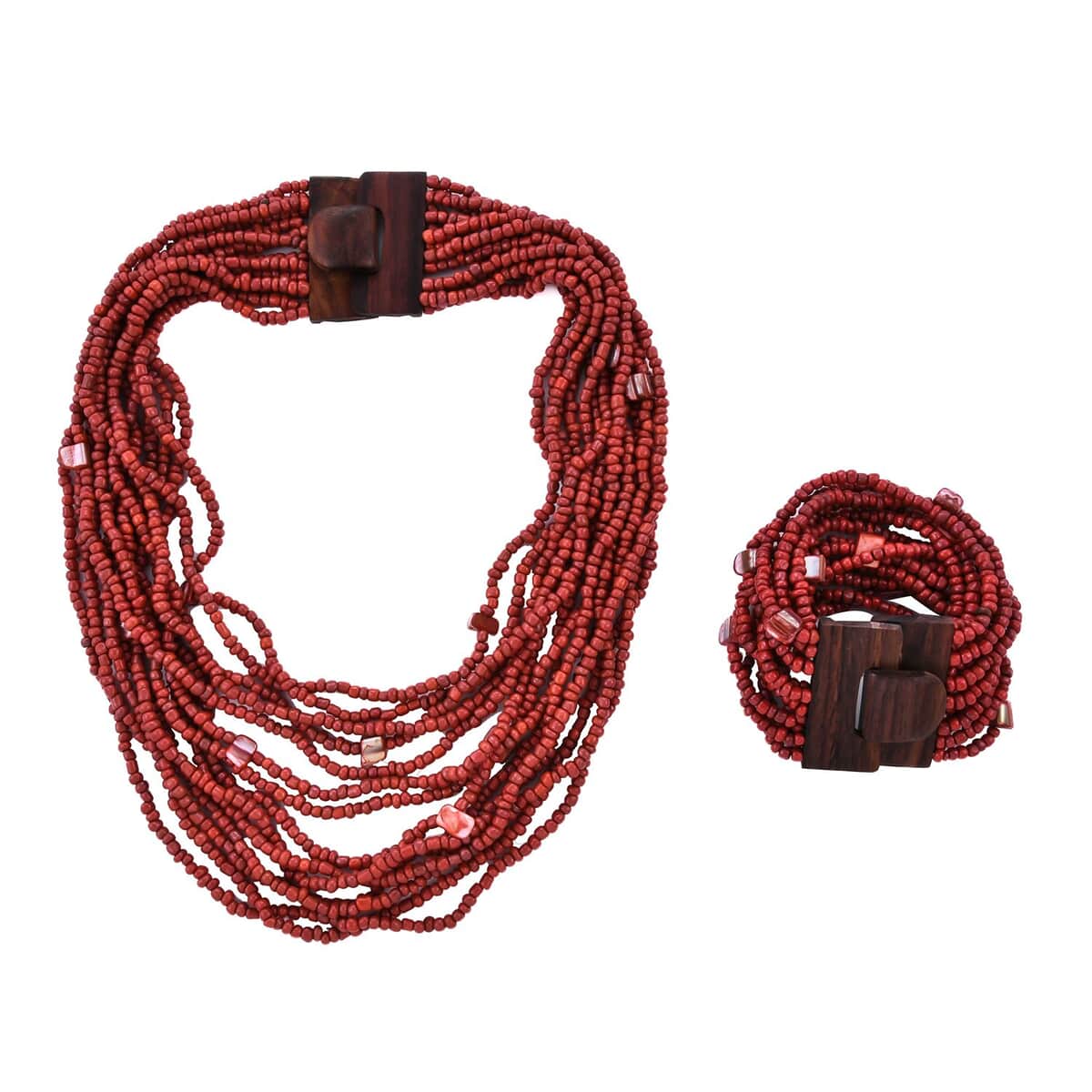 Dark Red Seed Bead and Shell Wooden Buckle Stretch Bracelet and Multi Strand Necklace 18 Inches image number 0