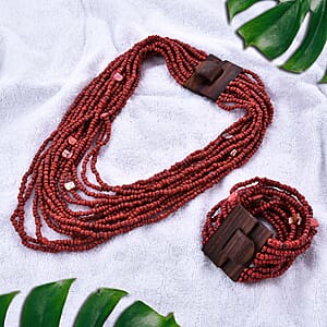 Dark Red Seed Bead and Shell Wooden Buckle Stretch Bracelet and Multi Strand Necklace 18 Inches
