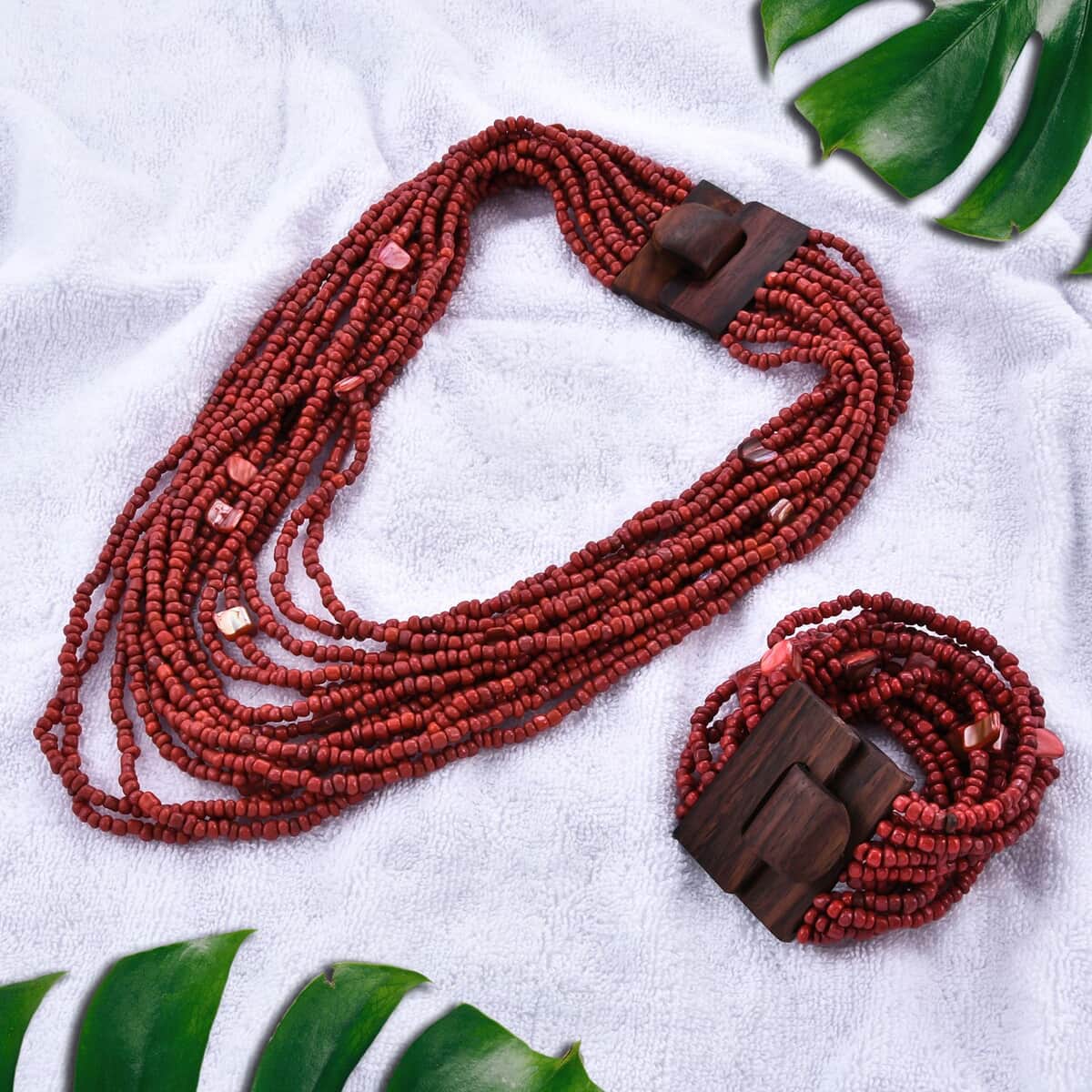 Dark Red Seed Bead and Shell Wooden Buckle Stretch Bracelet and Multi Strand Necklace 18 Inches image number 1