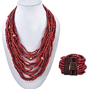Dark Red Seed Bead and Shell Wooden Buckle Stretch Bracelet and Multi Strand Necklace 18 Inches
