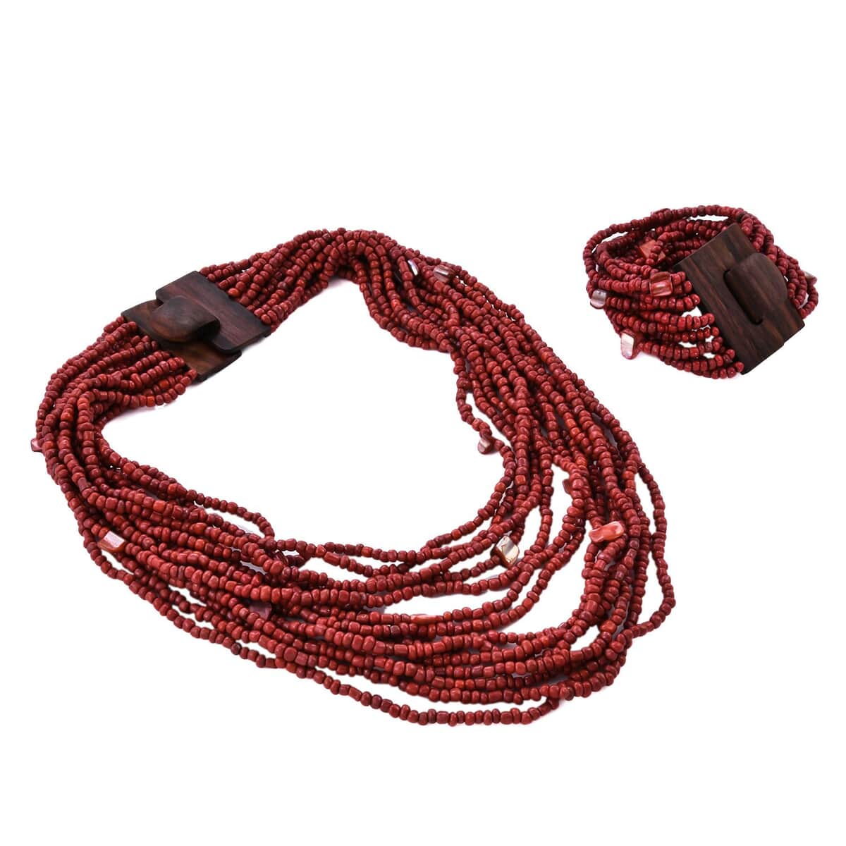 Dark Red Seed Bead and Shell Wooden Buckle Stretch Bracelet and Multi Strand Necklace 18 Inches image number 3
