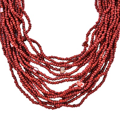 Dark Red Seed Bead and Shell Wooden Buckle Stretch Bracelet and Multi Strand Necklace 18 Inches
