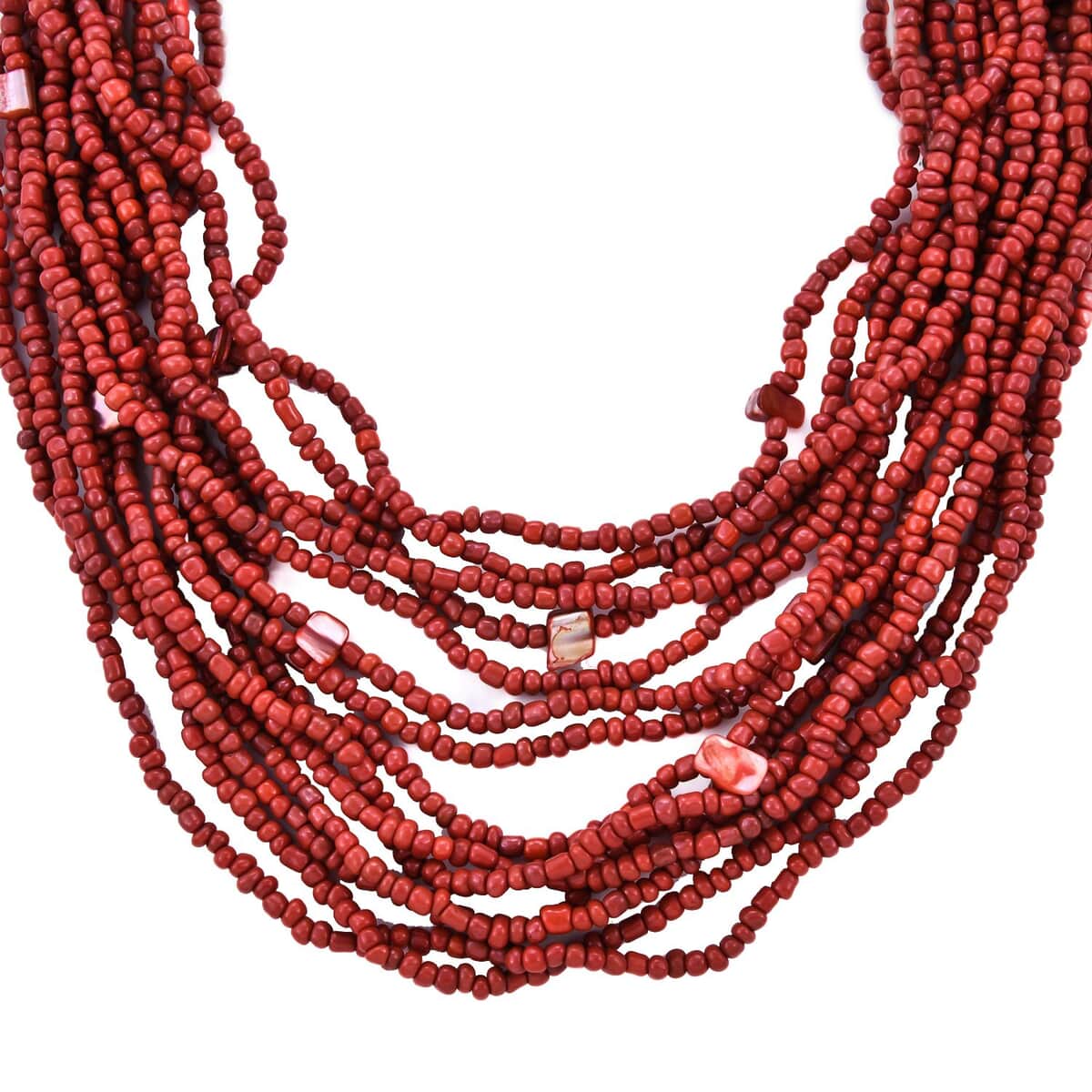Dark Red Seed Bead and Shell Wooden Buckle Stretch Bracelet and Multi Strand Necklace 18 Inches image number 4
