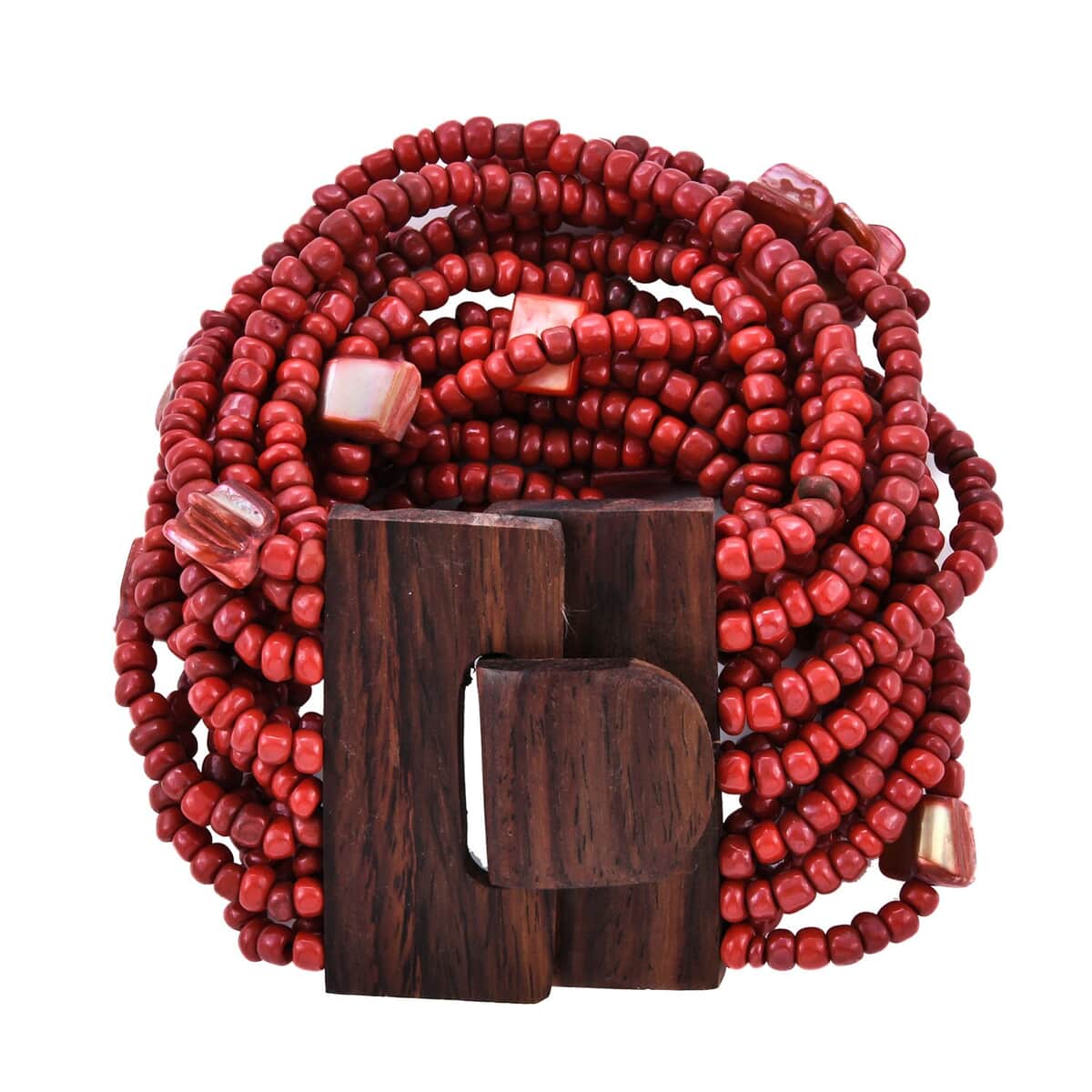 Dark Red Seed Bead and Shell Wooden Buckle Stretch Bracelet and Multi Strand Necklace 18 Inches image number 5