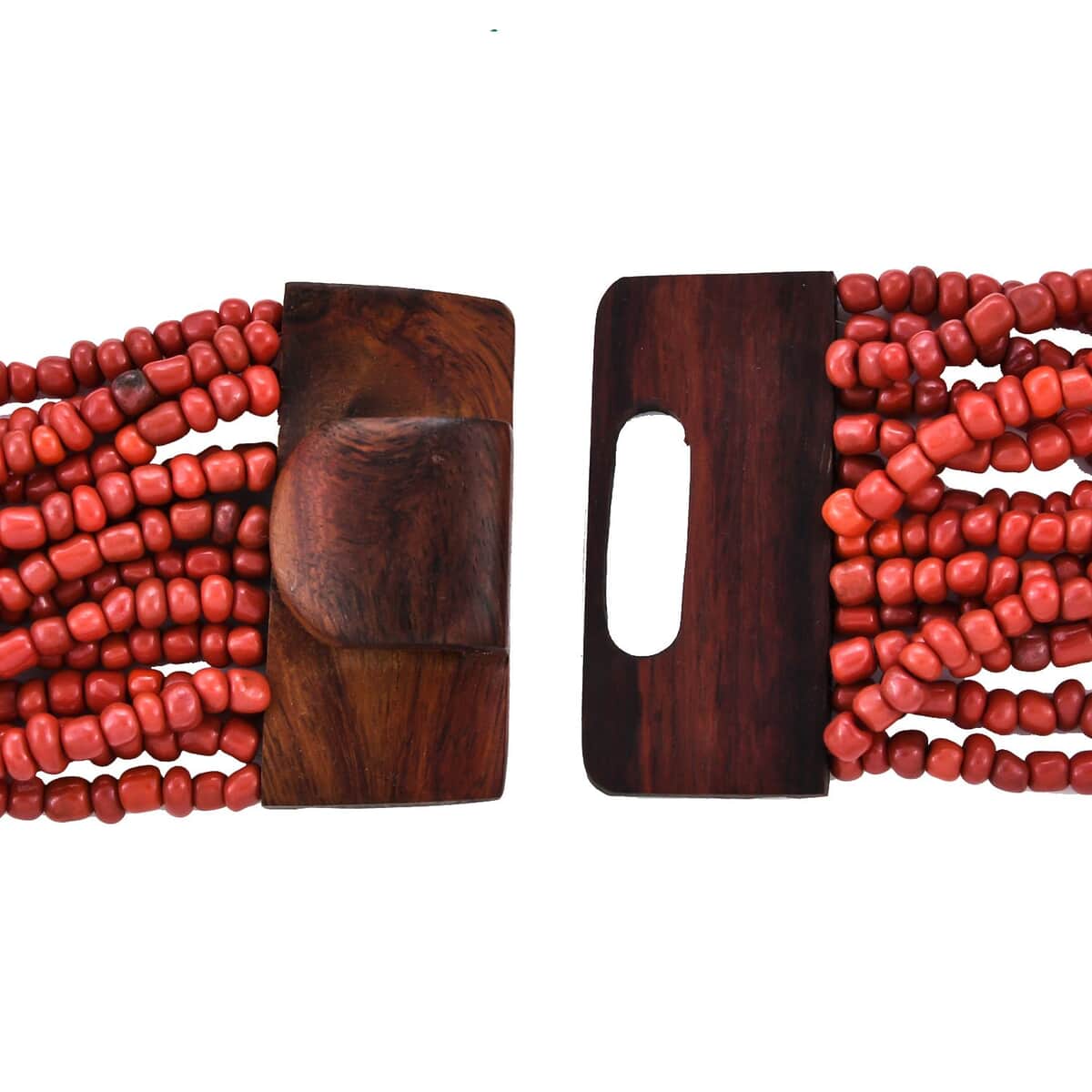 Dark Red Seed Bead and Shell Wooden Buckle Stretch Bracelet and Multi Strand Necklace 18 Inches image number 6
