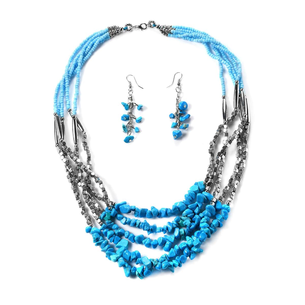 Howlite Chips Earrings and Multi Strand Necklace 24 Inches in Silvertone image number 0