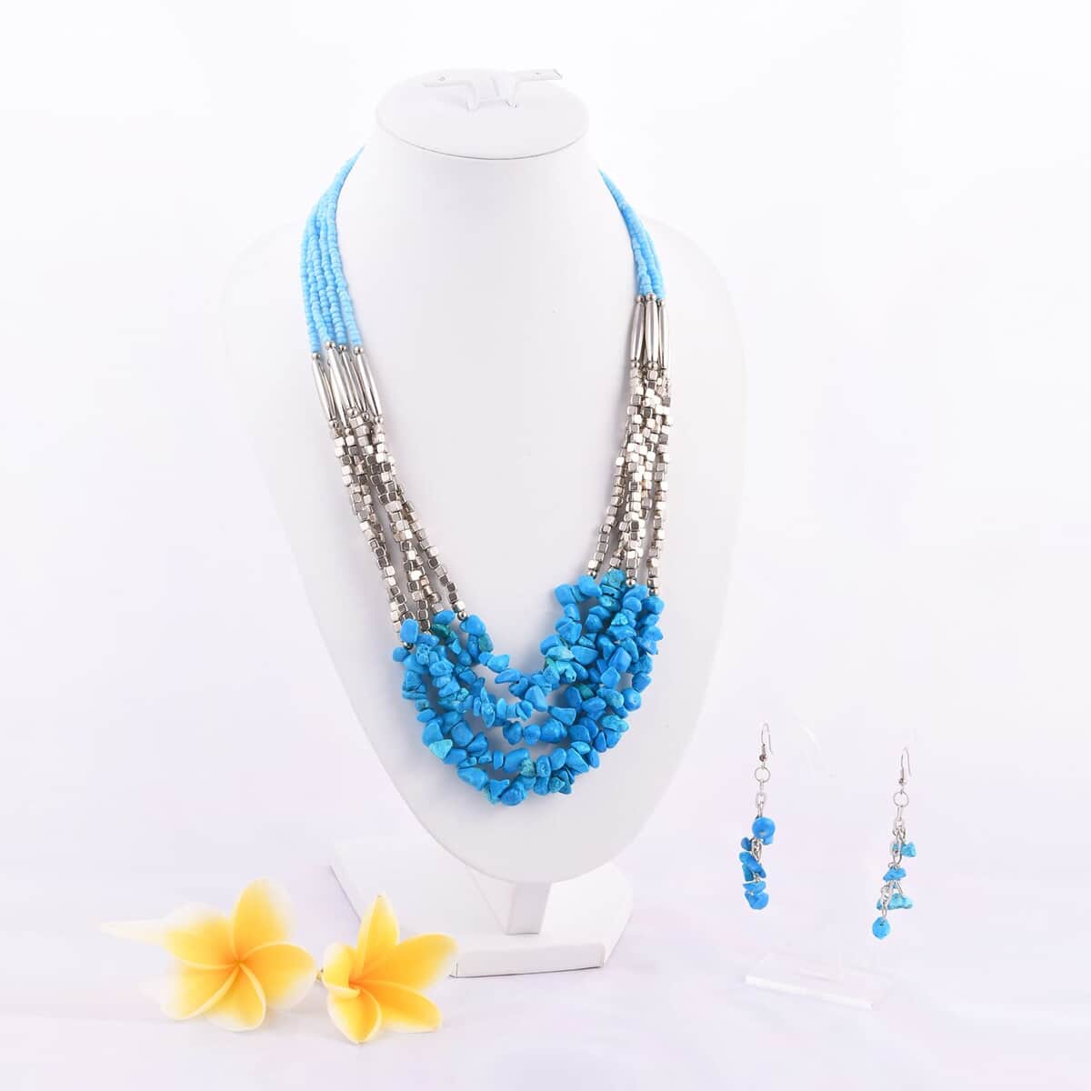 Howlite Chips Earrings and Multi Strand Necklace 24 Inches in Silvertone image number 1