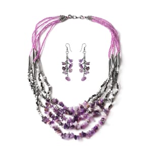 Amethyst Chips Earrings and Multi Strand Necklace 24 Inches in Silvertone