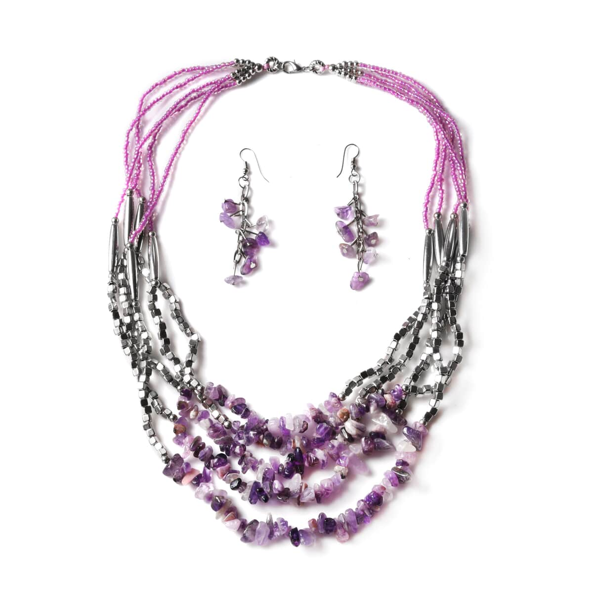 Amethyst Chips Earrings and Multi Strand Necklace 24 Inches in Silvertone image number 0