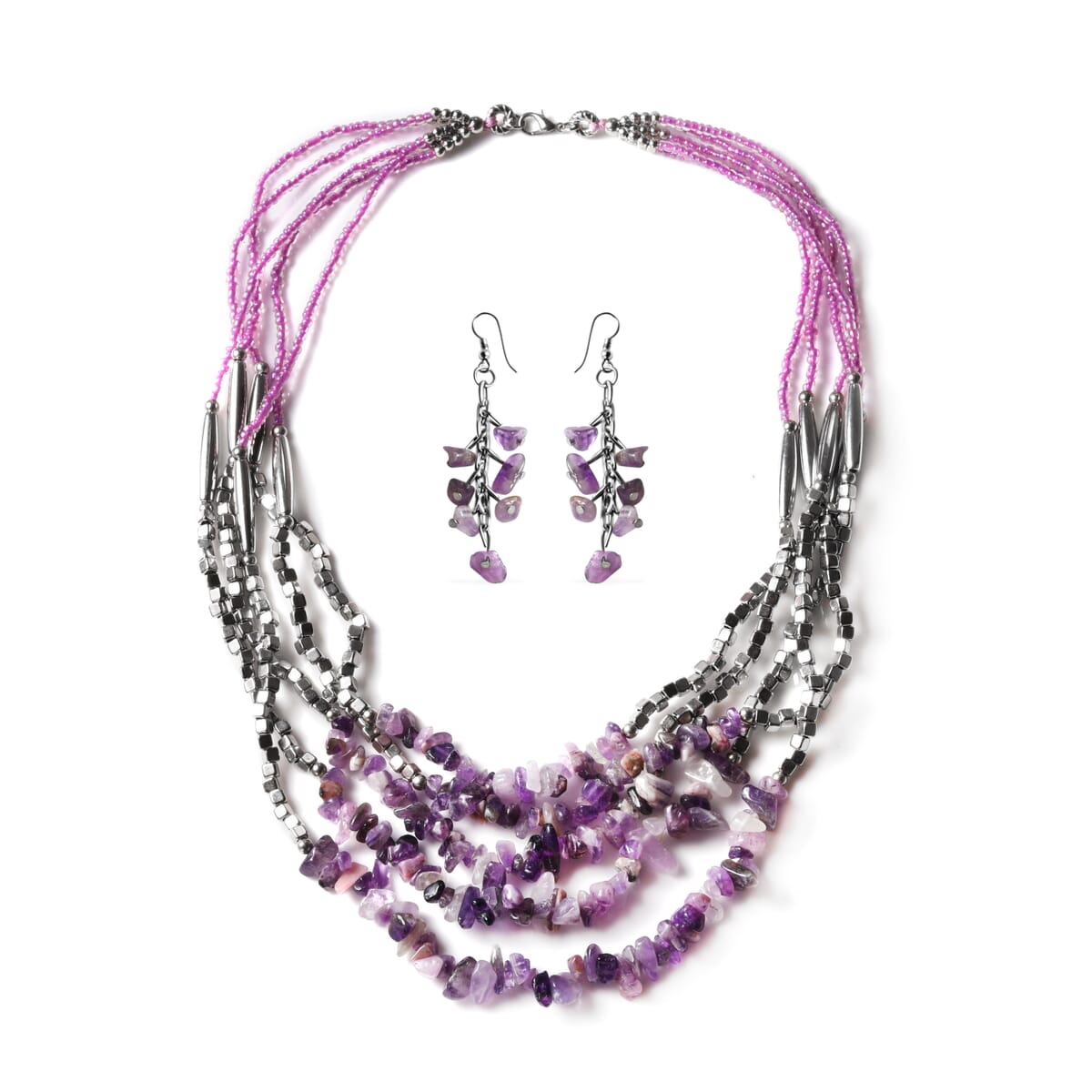 Amethyst Chips Earrings and Multi Strand Necklace 24 Inches in Silvertone image number 0