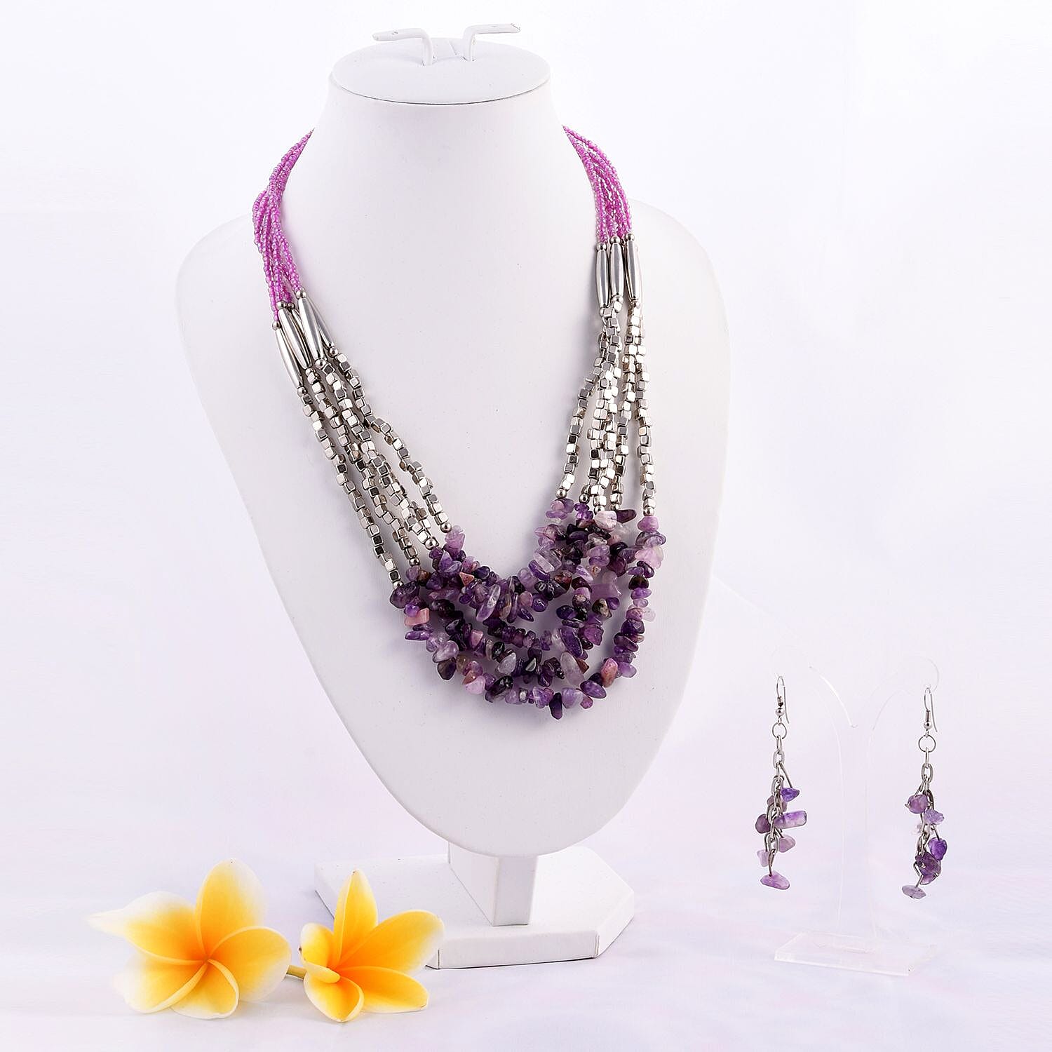 Amethyst Chips Earrings and Multi Strand Necklace 24 Inches in Silvertone