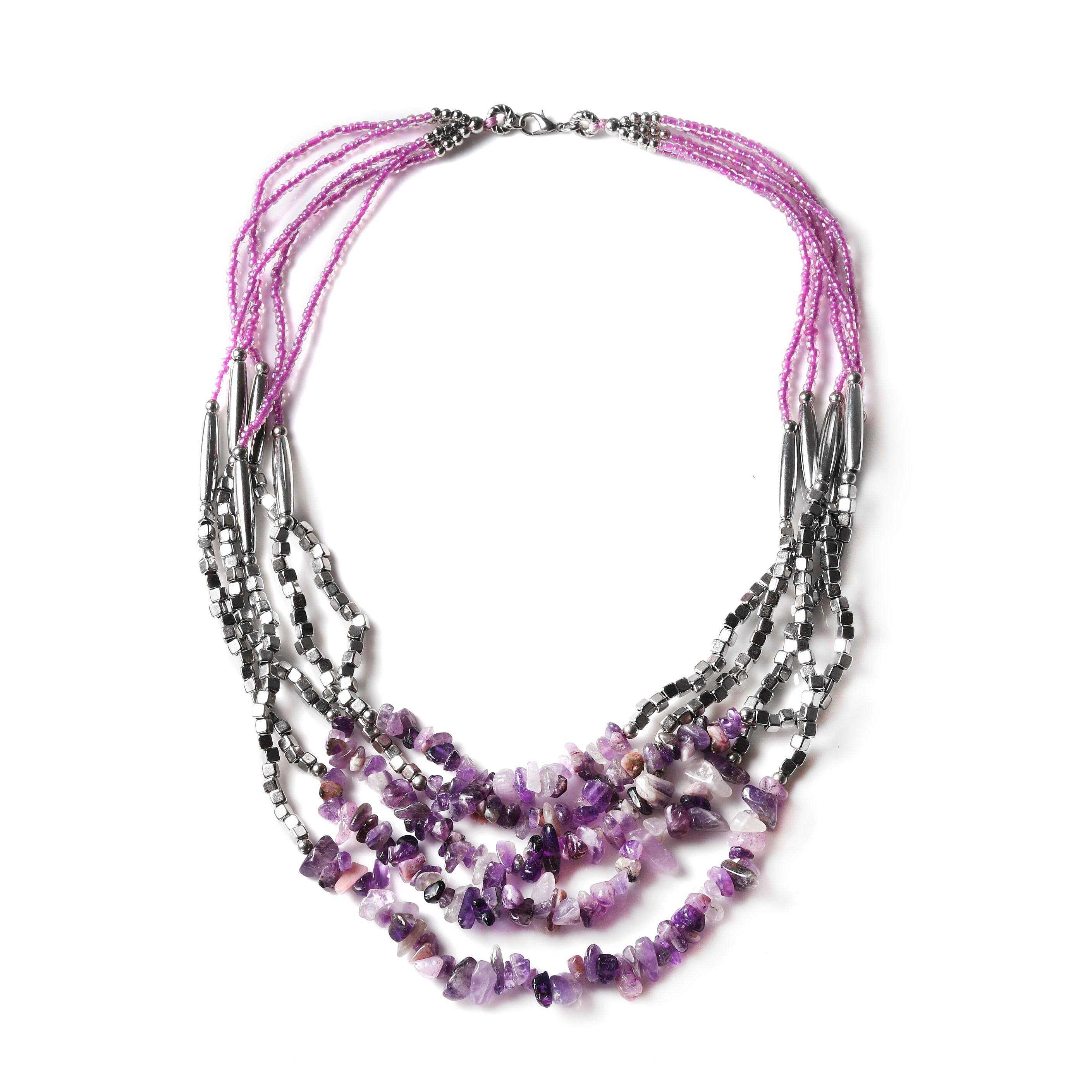 Amethyst Chips Earrings and Multi Strand Necklace 24 Inches in Silvertone