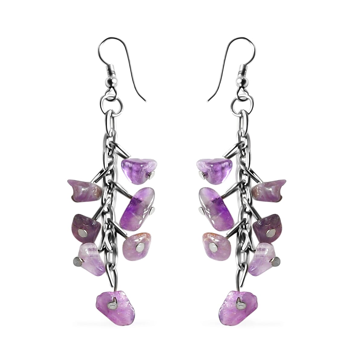 Amethyst Chips Earrings and Multi Strand Necklace 24 Inches in Silvertone