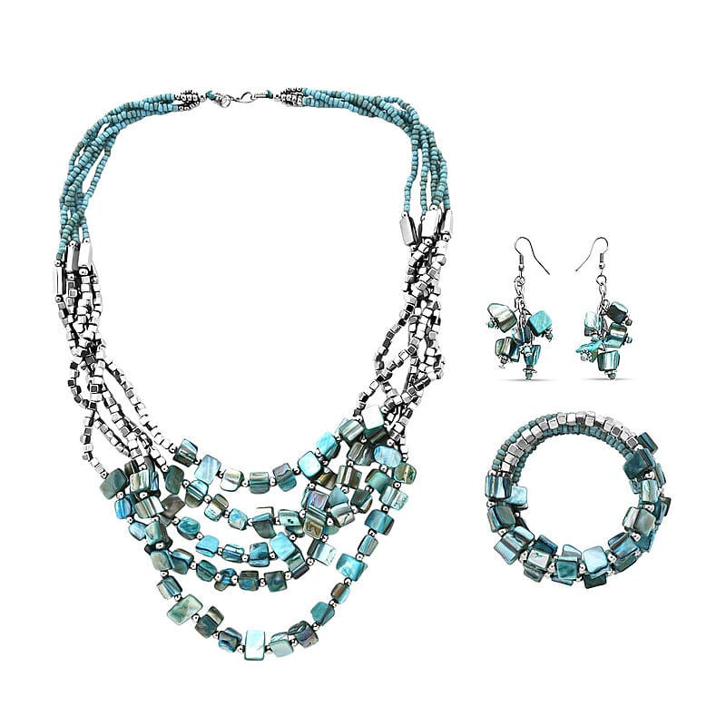 Blue Seed Bead Earrings and Wrap Bracelet and Multi Strand Necklace in Stainless Steel 22 Inches