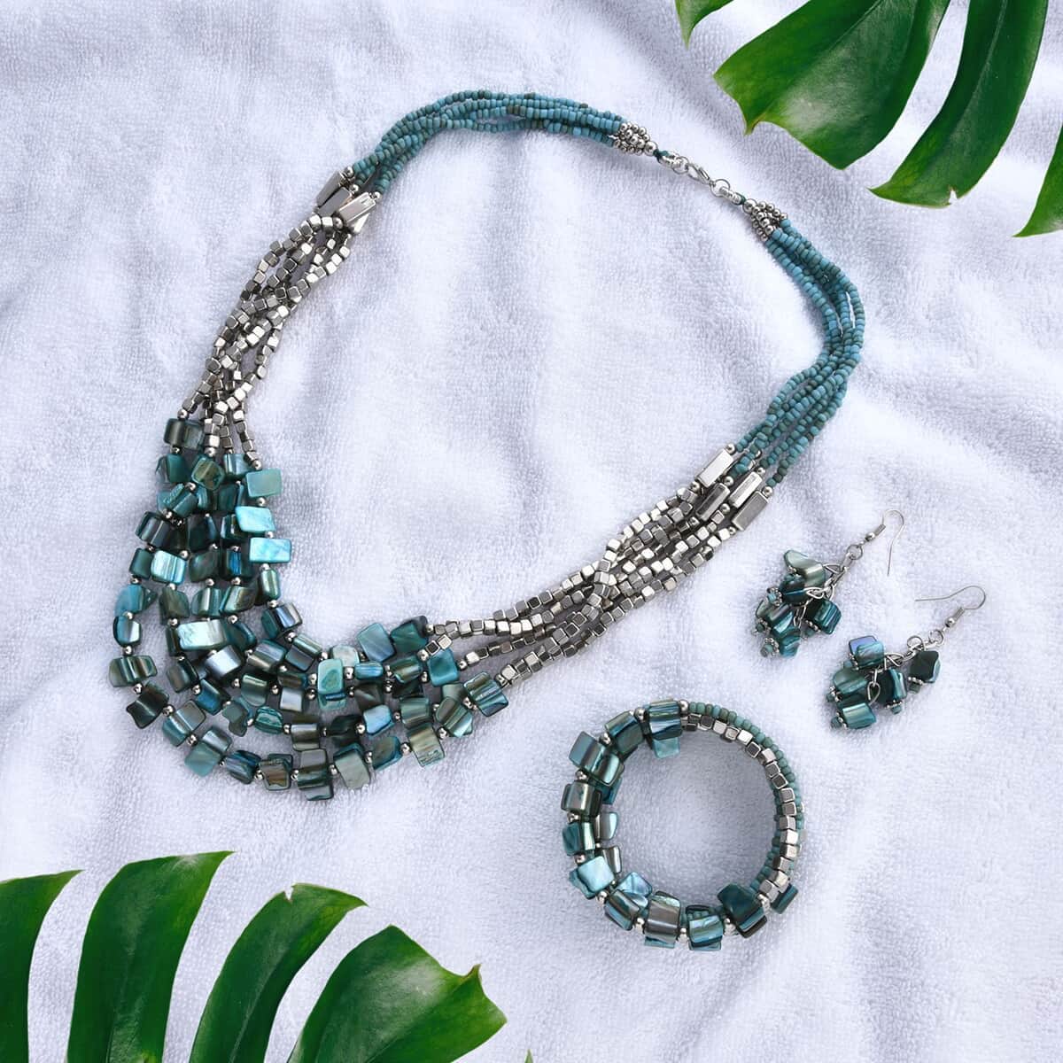 Blue Seed Bead Earrings and Wrap Bracelet and Multi Strand Necklace 22 Inches in Stainless Steel  image number 1