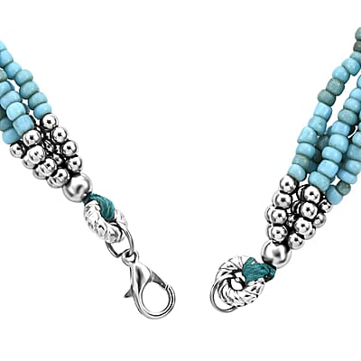 Blue Seed Bead Earrings and Wrap Bracelet and Multi Strand Necklace in Stainless Steel 22 Inches
