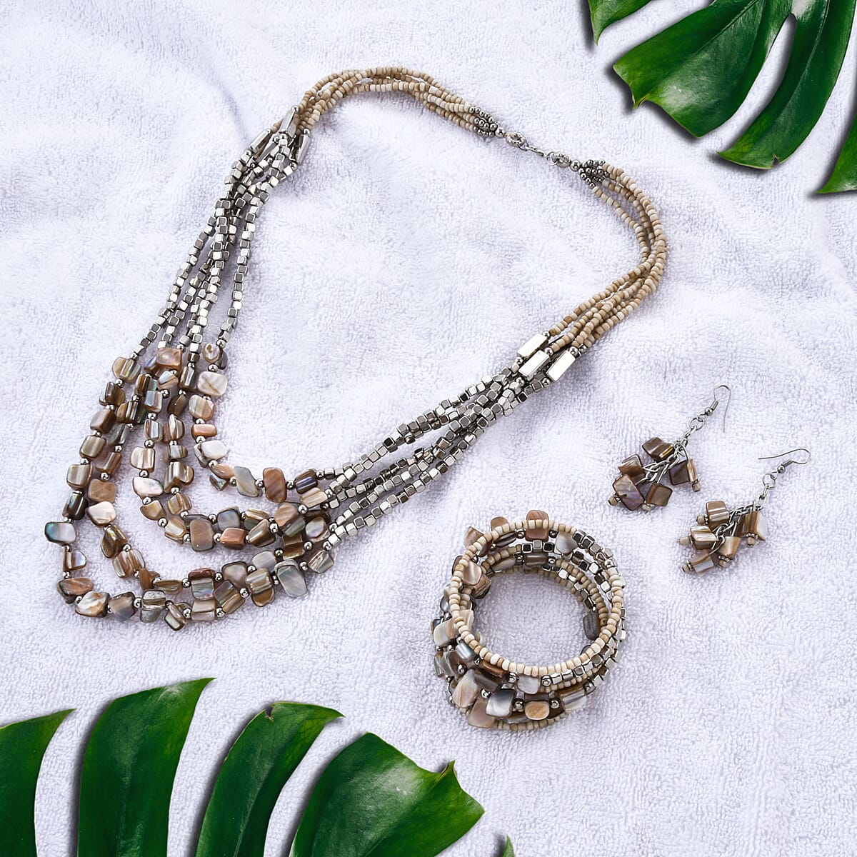 Beige Seed Beaded Earrings and Wrap Bracelet and Multi Strand Necklace in Stainless Steel 22 Inches image number 1