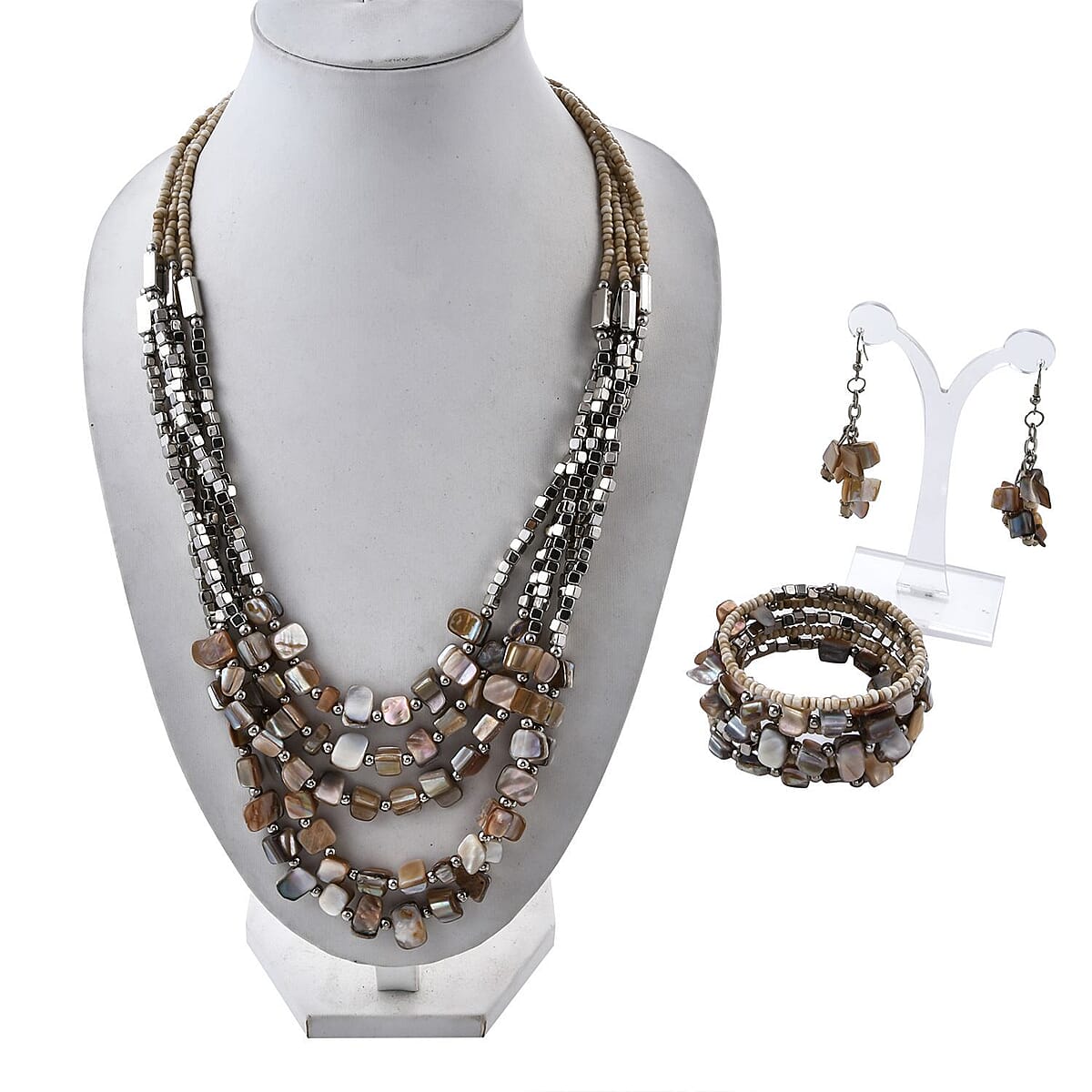 Beige Seed Beaded Earrings and Wrap Bracelet and Multi Strand Necklace in Stainless Steel 22 Inches image number 2