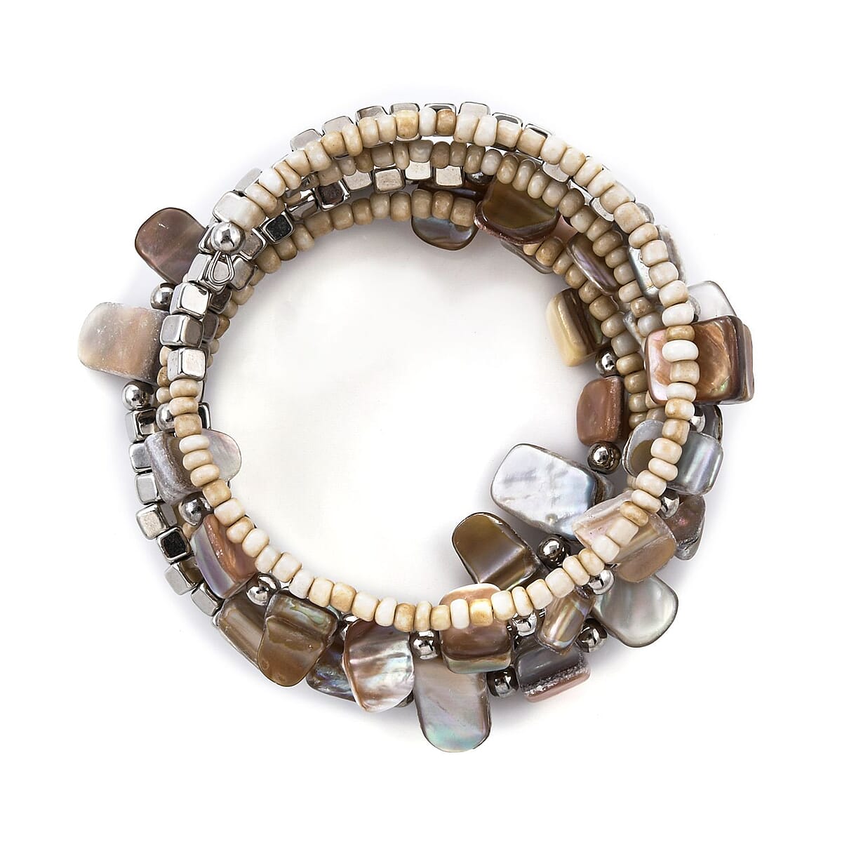 Beige Seed Beaded Earrings and Wrap Bracelet and Multi Strand Necklace in Stainless Steel 22 Inches image number 5