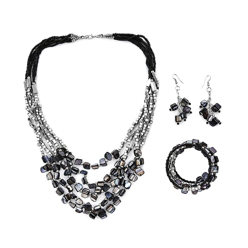 Black Seed Beaded Multi Strand Necklace With Wrap Bracelet Shell Earrings For Women in Stainless Steel, Handmade Jewelry Set For Women  (22 Inches)