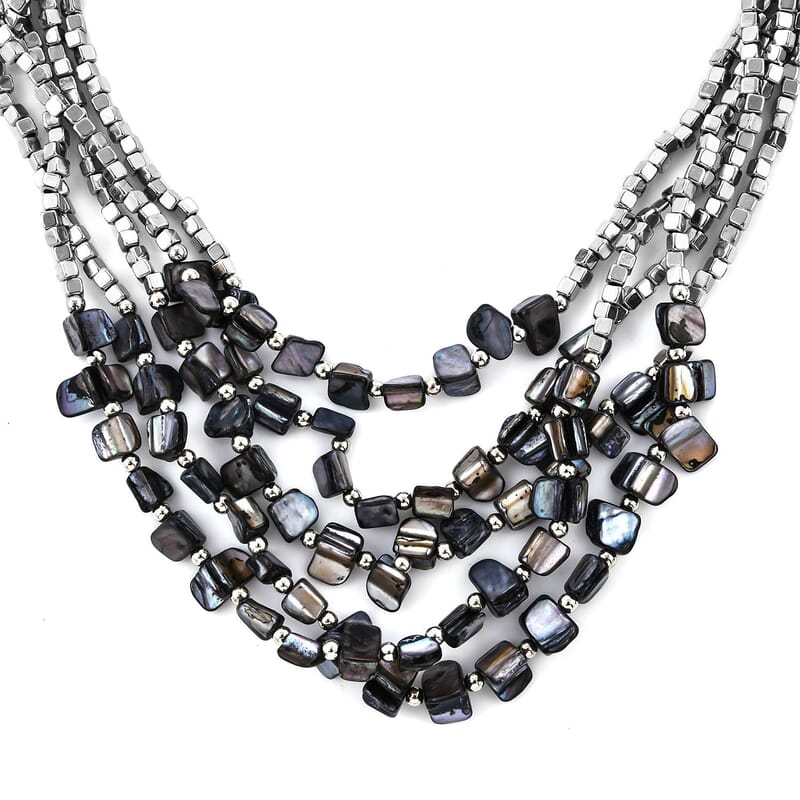 Black Seed Beaded Multi Strand Necklace With Wrap Bracelet Shell Earrings For Women in Stainless Steel, Handmade Jewelry Set For Women  (22 Inches)
