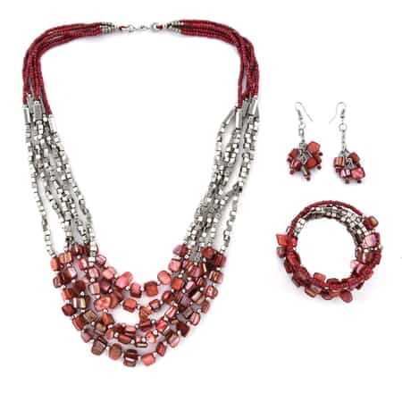 Red Seed Beaded and Shell Earrings and Wrap Bracelet and Multi Strand Necklace 22 Inches in Stainless Steel image number 0