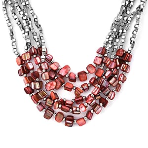 Red Seed Beaded and Shell Earrings and Wrap Bracelet and Multi Strand Necklace in Stainless Steel 22 Inches