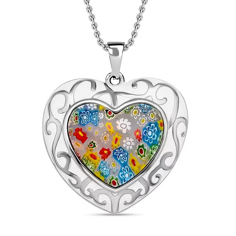 Multi Color Murano Style and Enameled Heart Pendant Necklace in Stainless Steel 20 Inches