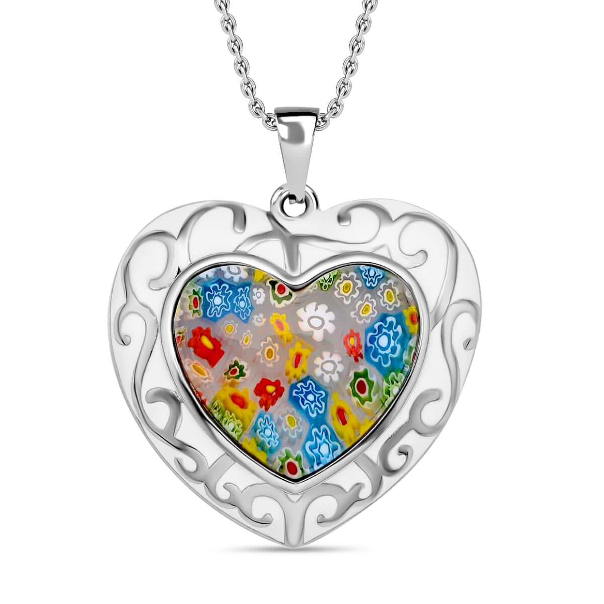 Murano Style and Enameled Heart Pendant Necklace 20 Inches in Stainless Steel, Floral Millefiori Pendant Necklace, Sweatproof Hypoallergenic Necklace, Gift For Her image number 0
