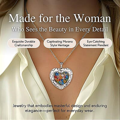 Multi Color Murano Style and Enameled Heart Pendant Necklace in Stainless Steel 20 Inches