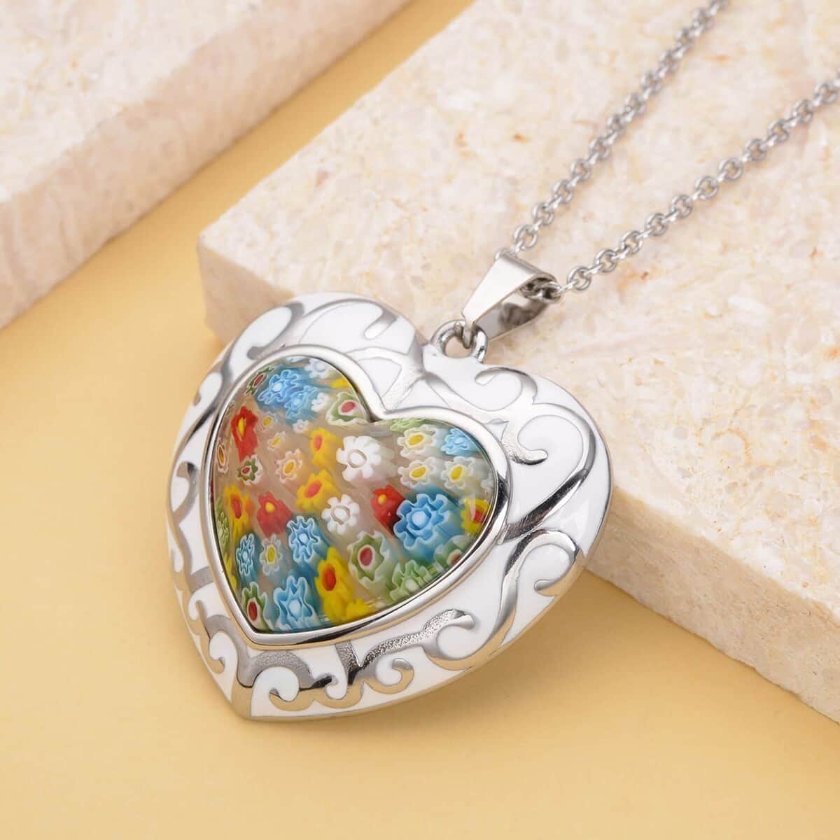 Murano Style and Enameled Heart Pendant Necklace 20 Inches in Stainless Steel, Floral Millefiori Pendant Necklace, Sweatproof Hypoallergenic Necklace, Gift For Her image number 1