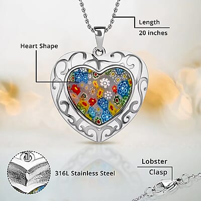 Multi Color Murano Style and Enameled Heart Pendant Necklace in Stainless Steel 20 Inches