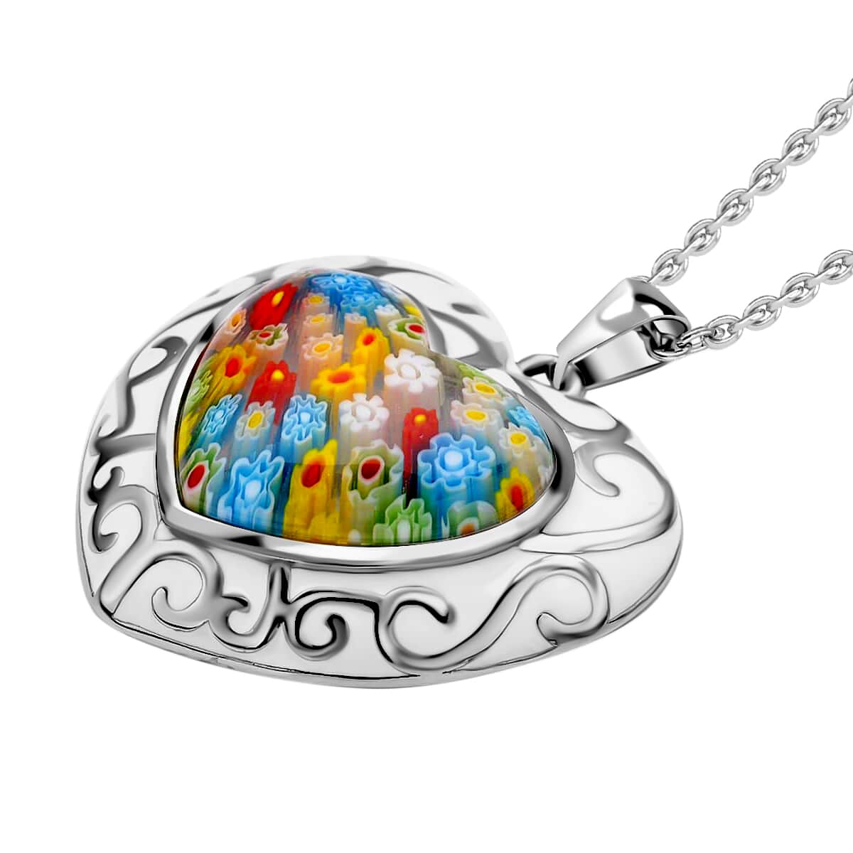 Murano Style and Enameled Heart Pendant Necklace 20 Inches in Stainless Steel, Floral Millefiori Pendant Necklace, Sweatproof Hypoallergenic Necklace, Gift For Her image number 3