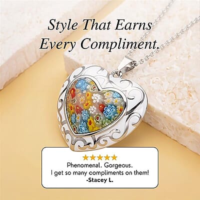 Multi Color Murano Style and Enameled Heart Pendant Necklace in Stainless Steel 20 Inches